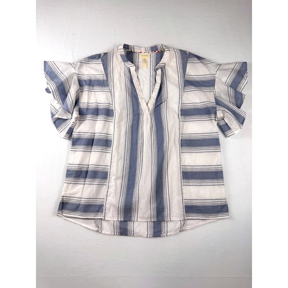 Matilda Jane Joanna Gaines Womens Blue White Striped Ruffle Sleeve Top Size L